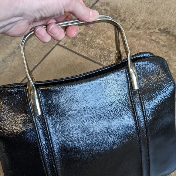 Jane Shilton Vintage Patent Leather Metal Top Handle Luxurious Evening Bag Black - Picture 8 of 14